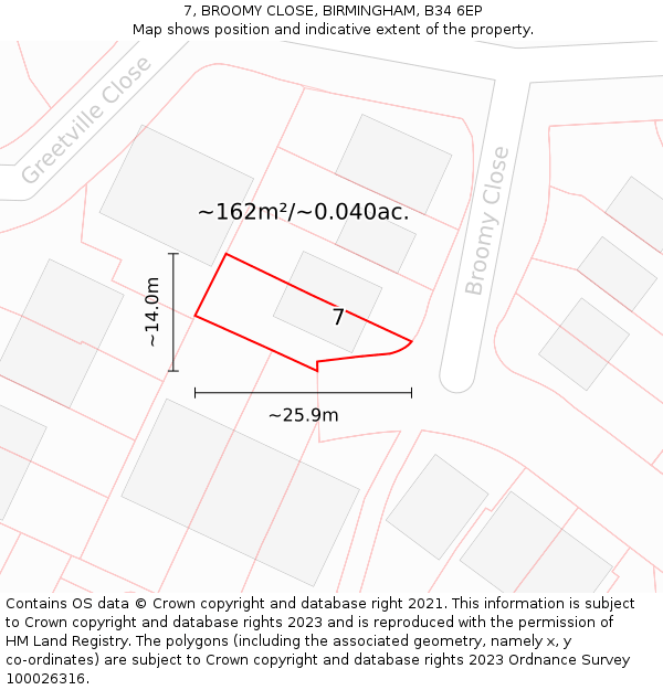 7, BROOMY CLOSE, BIRMINGHAM, B34 6EP: Plot and title map