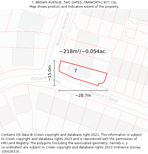 7, BROWN AVENUE, TWO GATES, TAMWORTH, B77 1GL: Plot and title map