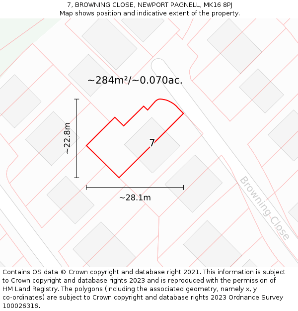 7, BROWNING CLOSE, NEWPORT PAGNELL, MK16 8PJ: Plot and title map