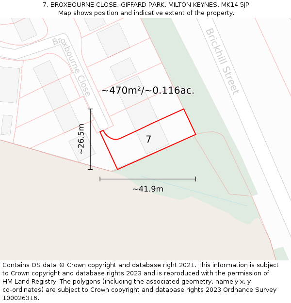 7, BROXBOURNE CLOSE, GIFFARD PARK, MILTON KEYNES, MK14 5JP: Plot and title map