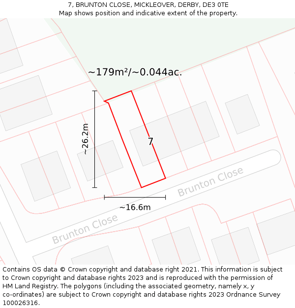 7, BRUNTON CLOSE, MICKLEOVER, DERBY, DE3 0TE: Plot and title map