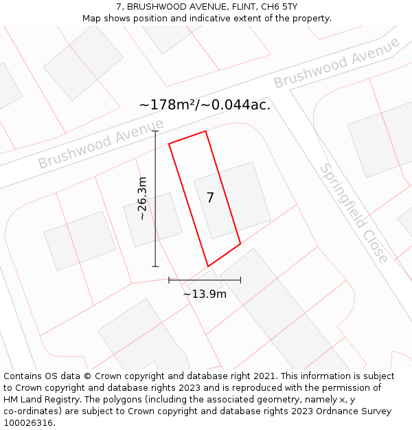 7, BRUSHWOOD AVENUE, FLINT, CH6 5TY: Plot and title map