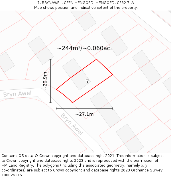 7, BRYNAWEL, CEFN HENGOED, HENGOED, CF82 7LA: Plot and title map