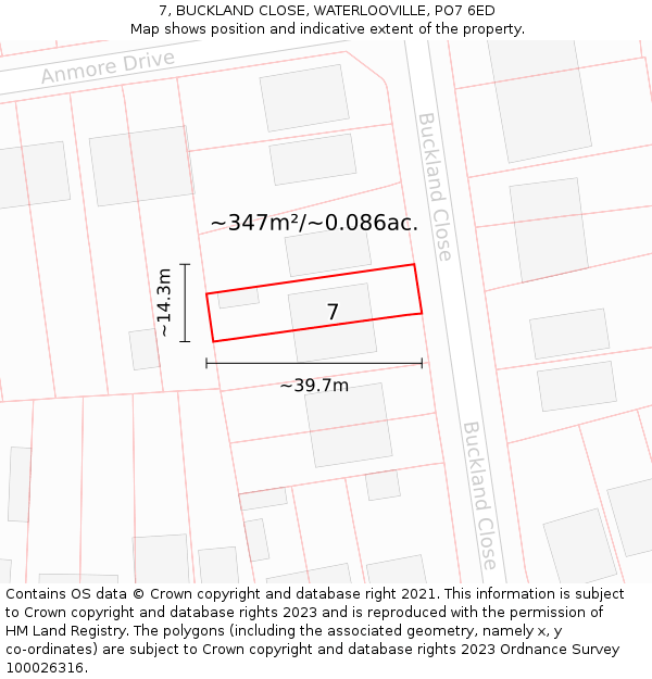 7, BUCKLAND CLOSE, WATERLOOVILLE, PO7 6ED: Plot and title map