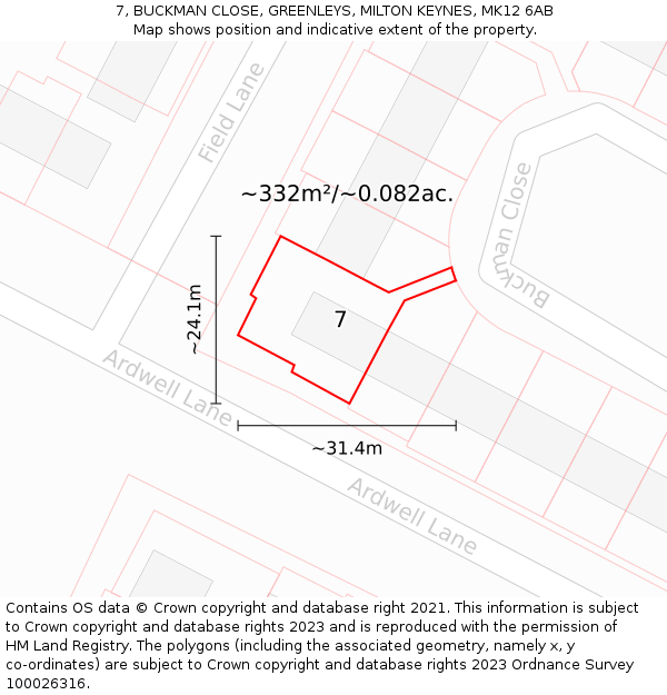 7, BUCKMAN CLOSE, GREENLEYS, MILTON KEYNES, MK12 6AB: Plot and title map