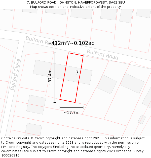 7, BULFORD ROAD, JOHNSTON, HAVERFORDWEST, SA62 3EU: Plot and title map