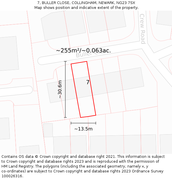 7, BULLER CLOSE, COLLINGHAM, NEWARK, NG23 7SX: Plot and title map