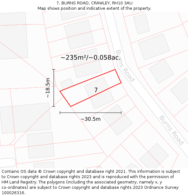 7, BURNS ROAD, CRAWLEY, RH10 3AU: Plot and title map