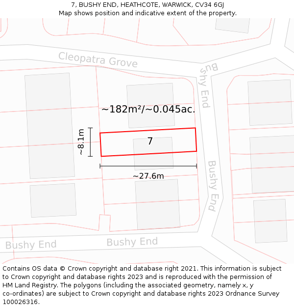 7, BUSHY END, HEATHCOTE, WARWICK, CV34 6GJ: Plot and title map