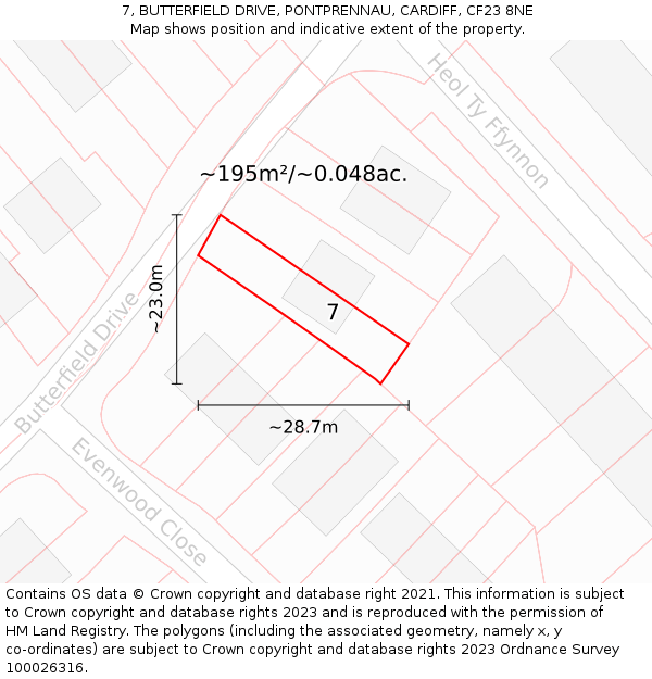 7, BUTTERFIELD DRIVE, PONTPRENNAU, CARDIFF, CF23 8NE: Plot and title map