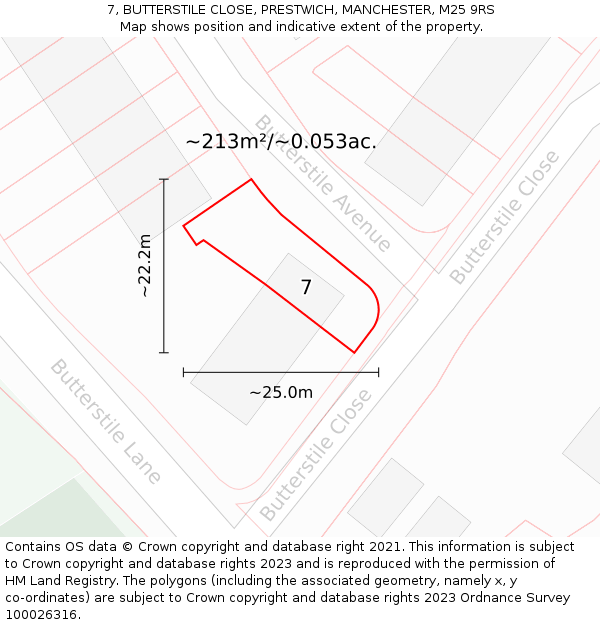 7, BUTTERSTILE CLOSE, PRESTWICH, MANCHESTER, M25 9RS: Plot and title map