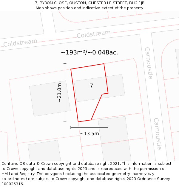 7, BYRON CLOSE, OUSTON, CHESTER LE STREET, DH2 1JR: Plot and title map