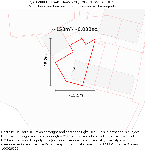 7, CAMPBELL ROAD, HAWKINGE, FOLKESTONE, CT18 7TL: Plot and title map