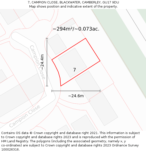 7, CAMPION CLOSE, BLACKWATER, CAMBERLEY, GU17 9DU: Plot and title map