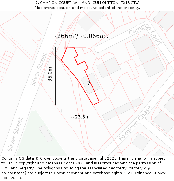 7, CAMPION COURT, WILLAND, CULLOMPTON, EX15 2TW: Plot and title map