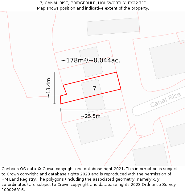 7, CANAL RISE, BRIDGERULE, HOLSWORTHY, EX22 7FF: Plot and title map