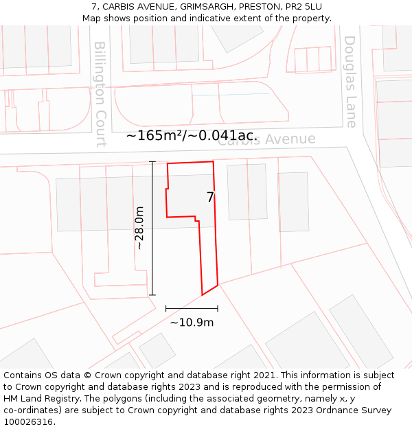 7, CARBIS AVENUE, GRIMSARGH, PRESTON, PR2 5LU: Plot and title map