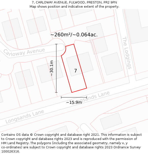 7, CARLOWAY AVENUE, FULWOOD, PRESTON, PR2 9PN: Plot and title map