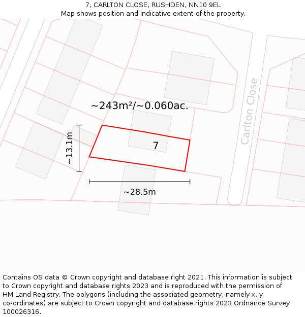 7, CARLTON CLOSE, RUSHDEN, NN10 9EL: Plot and title map