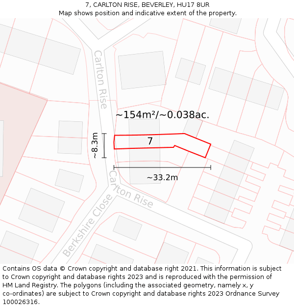 7, CARLTON RISE, BEVERLEY, HU17 8UR: Plot and title map