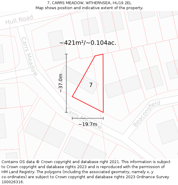 7, CARRS MEADOW, WITHERNSEA, HU19 2EL: Plot and title map