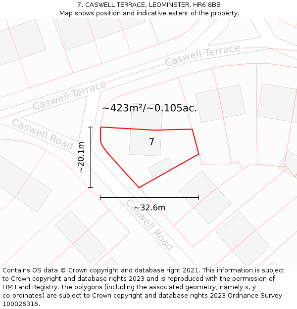 7, CASWELL TERRACE, LEOMINSTER, HR6 8BB: Plot and title map