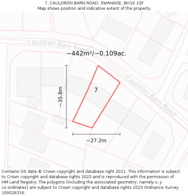 7, CAULDRON BARN ROAD, SWANAGE, BH19 1QF: Plot and title map