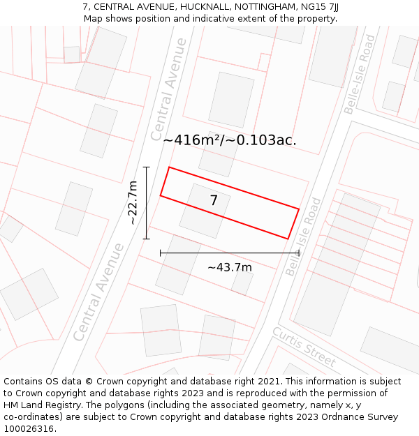 7, CENTRAL AVENUE, HUCKNALL, NOTTINGHAM, NG15 7JJ: Plot and title map