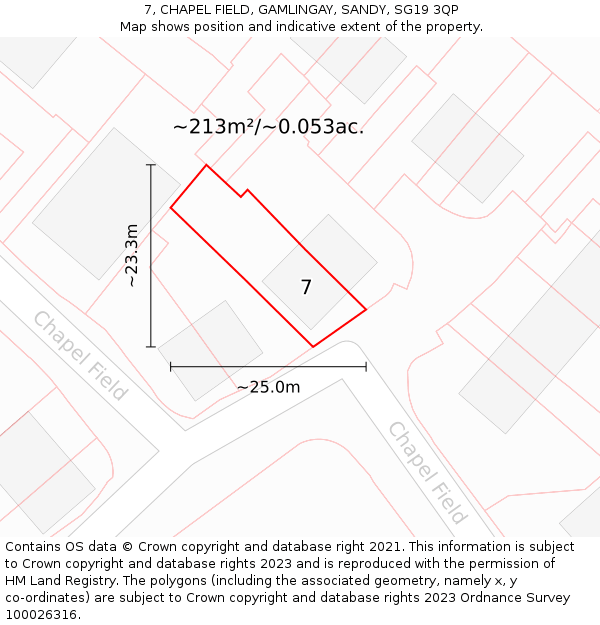 7, CHAPEL FIELD, GAMLINGAY, SANDY, SG19 3QP: Plot and title map