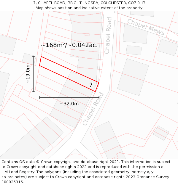 7, CHAPEL ROAD, BRIGHTLINGSEA, COLCHESTER, CO7 0HB: Plot and title map