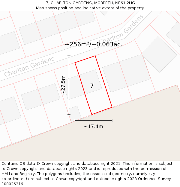 7, CHARLTON GARDENS, MORPETH, NE61 2HG: Plot and title map
