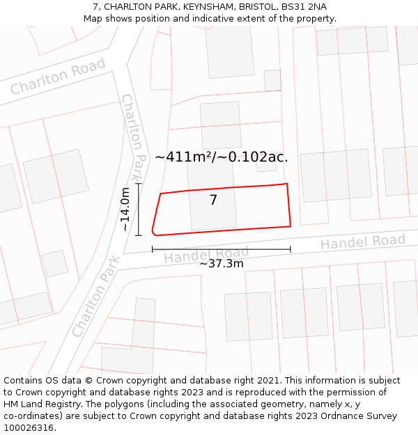 7, CHARLTON PARK, KEYNSHAM, BRISTOL, BS31 2NA: Plot and title map