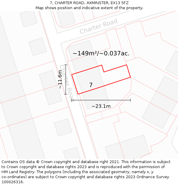 7, CHARTER ROAD, AXMINSTER, EX13 5FZ: Plot and title map