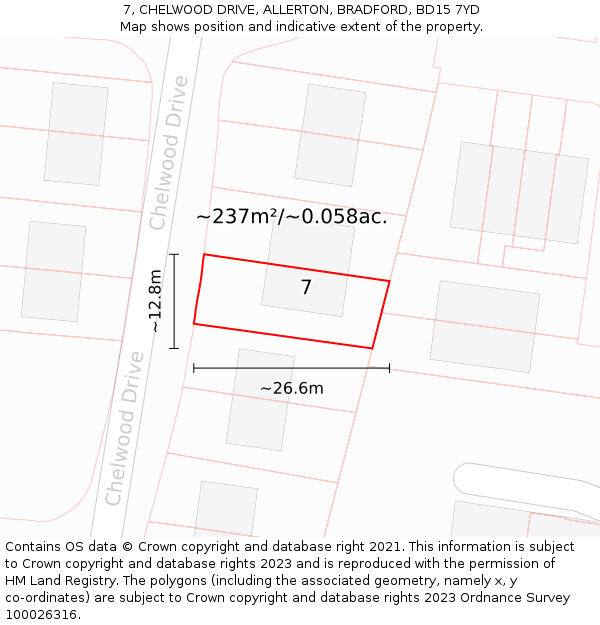 7, CHELWOOD DRIVE, ALLERTON, BRADFORD, BD15 7YD: Plot and title map