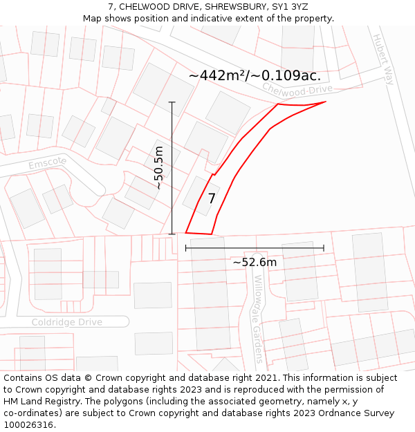 7, CHELWOOD DRIVE, SHREWSBURY, SY1 3YZ: Plot and title map