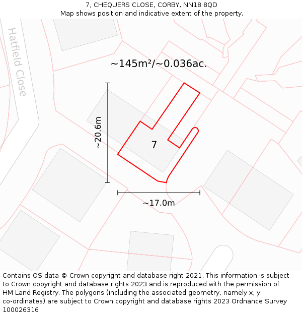 7, CHEQUERS CLOSE, CORBY, NN18 8QD: Plot and title map