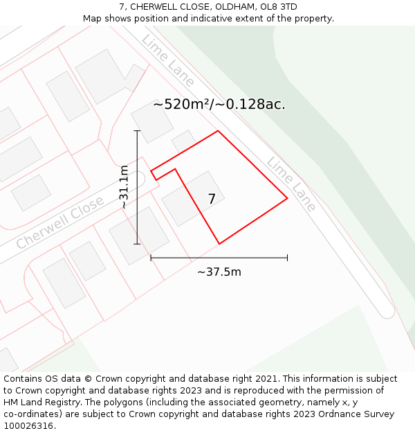 7, CHERWELL CLOSE, OLDHAM, OL8 3TD: Plot and title map