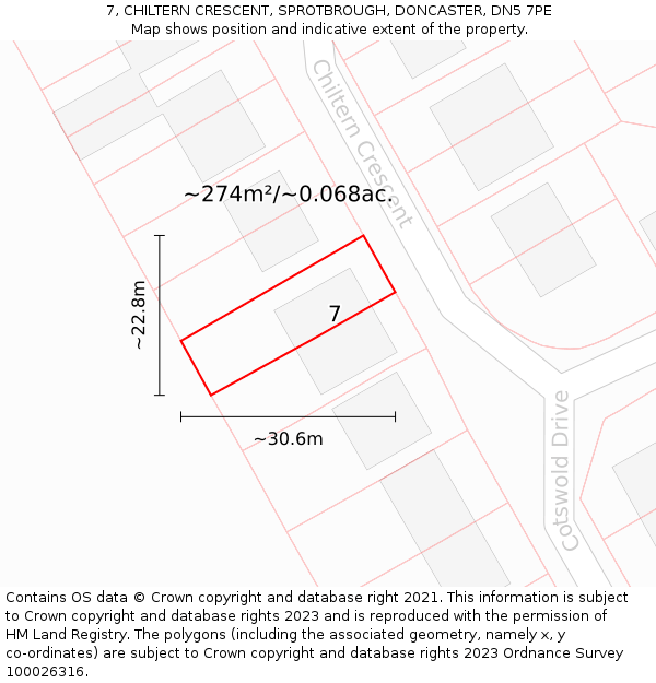 7, CHILTERN CRESCENT, SPROTBROUGH, DONCASTER, DN5 7PE: Plot and title map