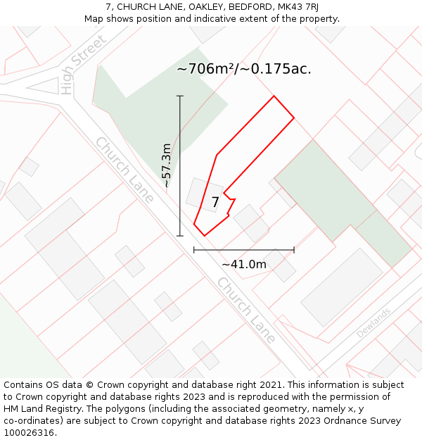 7, CHURCH LANE, OAKLEY, BEDFORD, MK43 7RJ: Plot and title map