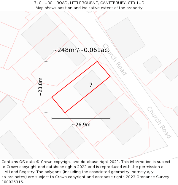 7, CHURCH ROAD, LITTLEBOURNE, CANTERBURY, CT3 1UD: Plot and title map