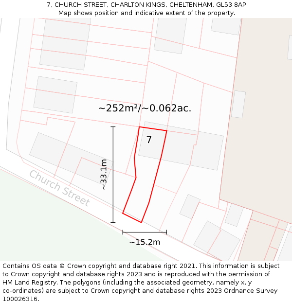 7, CHURCH STREET, CHARLTON KINGS, CHELTENHAM, GL53 8AP: Plot and title map