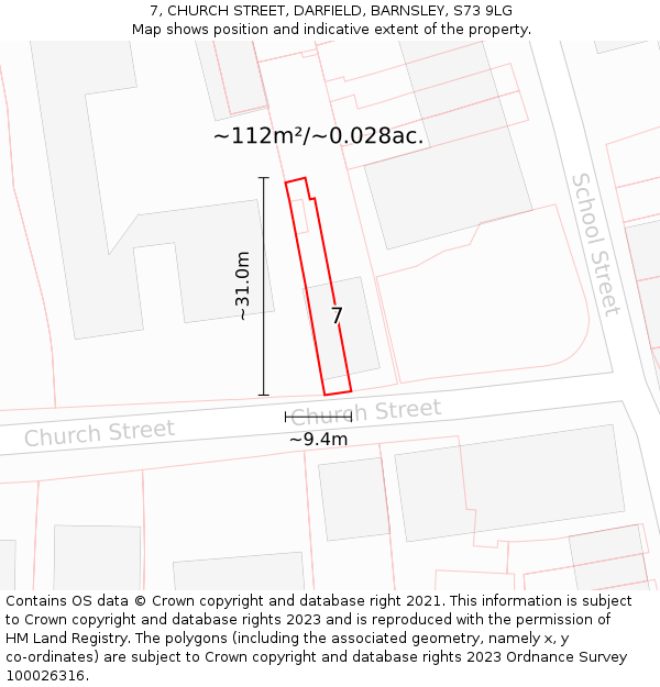 7, CHURCH STREET, DARFIELD, BARNSLEY, S73 9LG: Plot and title map