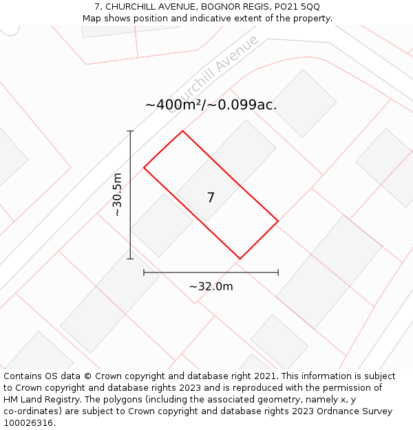 7, CHURCHILL AVENUE, BOGNOR REGIS, PO21 5QQ: Plot and title map