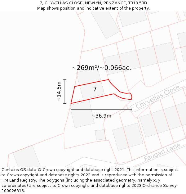 7, CHYVELLAS CLOSE, NEWLYN, PENZANCE, TR18 5RB: Plot and title map