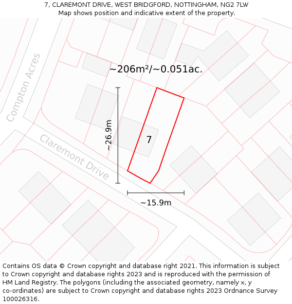 7, CLAREMONT DRIVE, WEST BRIDGFORD, NOTTINGHAM, NG2 7LW: Plot and title map