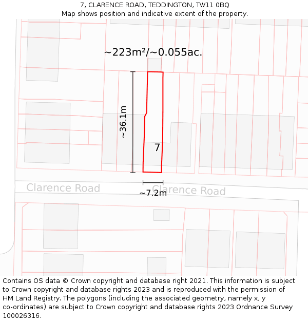 7, CLARENCE ROAD, TEDDINGTON, TW11 0BQ: Plot and title map