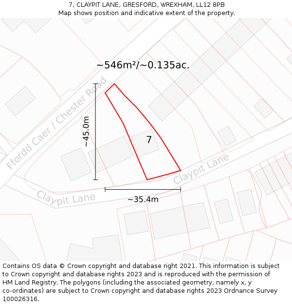 7, CLAYPIT LANE, GRESFORD, WREXHAM, LL12 8PB: Plot and title map