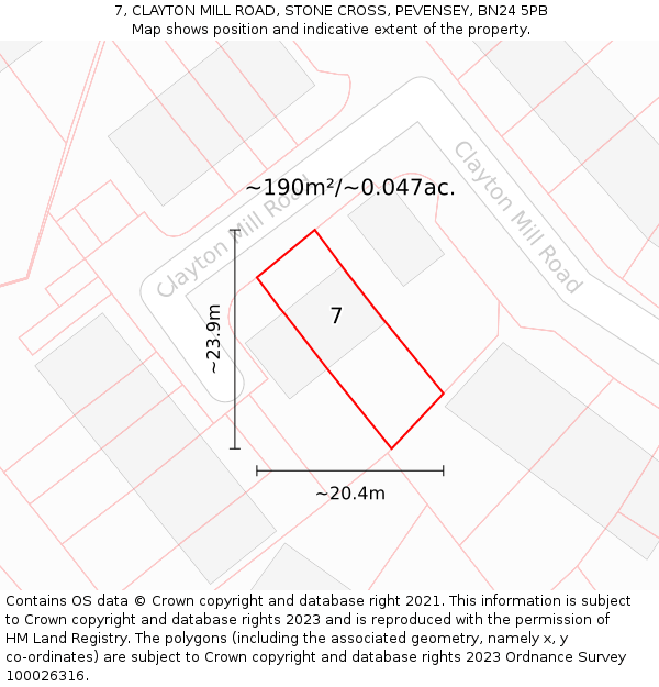 7, CLAYTON MILL ROAD, STONE CROSS, PEVENSEY, BN24 5PB: Plot and title map