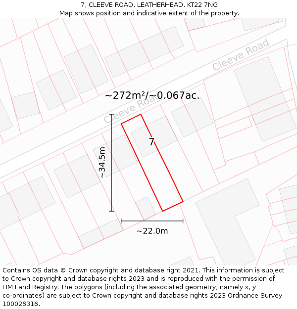 7, CLEEVE ROAD, LEATHERHEAD, KT22 7NG: Plot and title map