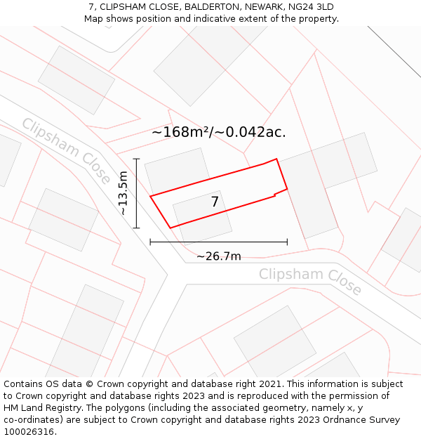 7, CLIPSHAM CLOSE, BALDERTON, NEWARK, NG24 3LD: Plot and title map